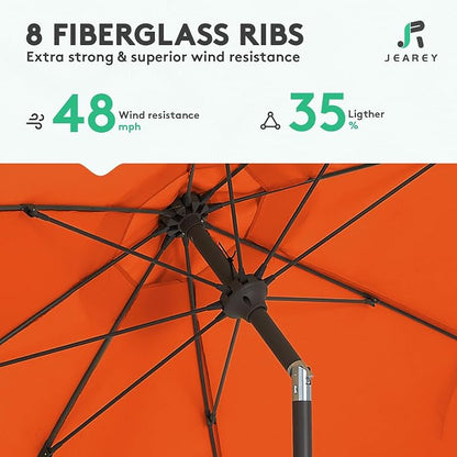 JEAREY 9FT Outdoor Patio Umbrella,Market Table Umbrella with 8 Fiberglass Ribs, Pool Umbrella with Tilt and Crank, UV Protection Lightweight & Wind-Resistant for Lawn, Garden, Deck and Backyard, Orange