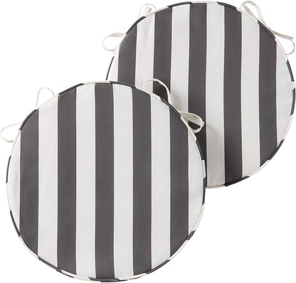 Set of 2 Outdoor 18 inch Round Patio Dining Chair Pads – Comfortable Fiber-Filled Seat Cushions with Ties, Reversible Polyester Fabric - Canopy Stripe Gray