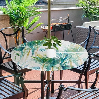 Fitted Round Tablecloth with Umbrella Hole and Zipper Tropical Trees Outdoor Elastic Table Cloth 45"-56" Oil-Proof Waterproof Abstract Tree Patio Table Cover for Picnic Party