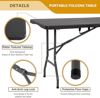 PayLessHere 6ft Folding Tables,Plastic Resin Table with Collapsible Alloy Steel Frame,Plastic Table for Indoor,Outdoor,Camping,BBQ,Picnic,Black Ratten