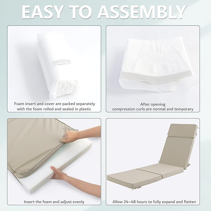 80 x 26 Inch Outdoor Chaise Lounge Cushions Set of 4 - Removable Cover, 4-Section Design, Water-Repellent & Fade-Resistant, 6 Tie Straps, Replacement for Patio & Pool Chairs - Cream