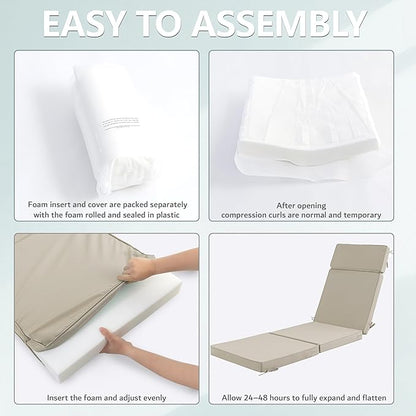 72 x 21 Inch Outdoor Chaise Lounge Cushions Set of 2 - Removable Cover, 4-Section Design, Water-Repellent & Fade-Resistant, 6 Tie Straps, Replacement for Patio & Pool Chairs - Cream