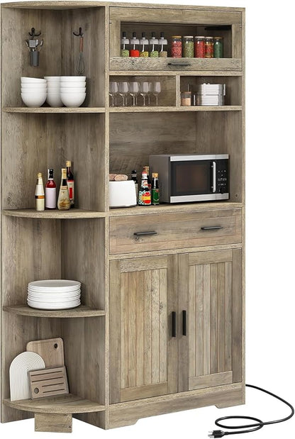 YITAHOME 67" Kitchen Hutch with Outlet, Shelves & Drawer, Antique Gray | Farmhouse Microwave Stand Buffet Coffee Bar for Living Room and Dining Room