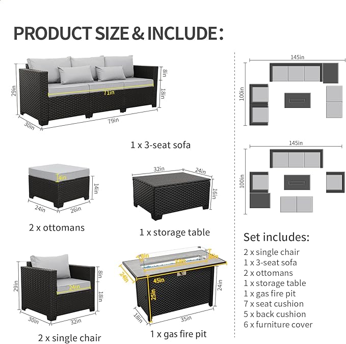 Patio Furniture Set 45 In Outdoor Fire Pits 7 Pieces Outdoor Patio Furniture 60000 BTU Outdoor Propane Fire Pit Table Patio Sofa Outdoor Chairs Anti-slip Cushions Waterproof Covers, Light Grey