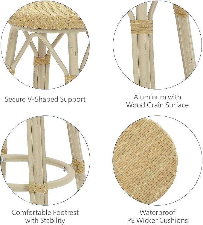 Seadrift Boho 26-inch Aluminum and All-Weather Wicker Barstools with Footrest, Patio Stools & Bar Chairs for Outdoor, Kitchen Counter, Poolside, Yard, Set of 2, Natural