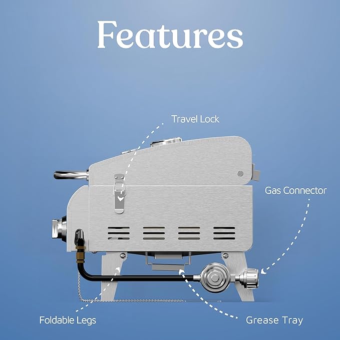 Stainless Steel Gas Grill, Dual 10,000 BTU Burners, 275 Sq.In Cooking Space, Push-to-Start Ignition, Wind-Proof Lid with Built-in Thermometer, Perfect for Camping Tailgates & Backyard BBQ Cookouts