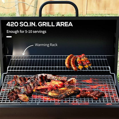 Portable Charcoal Grill with Wheels, 420 Sq in Large BBQ Grill with Thermometer & Adjustable Vents, Barrel Grill with Ash Catcher & Warming Rack for Backyard, Tailgating, Patio