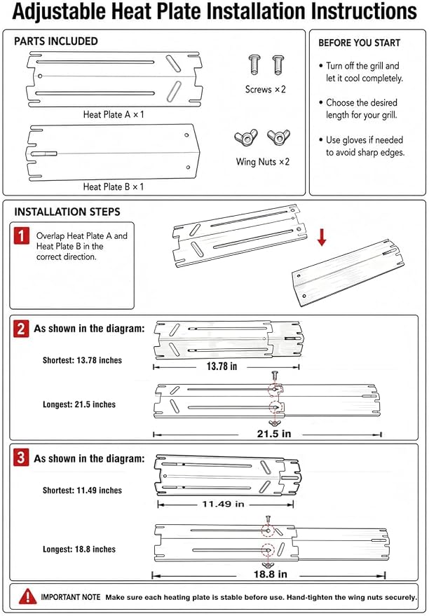 4-Pack Heavy-Duty Grill Heat Plate Replacements – Adjustable 11.5" to 21.5" Length, 3.25" Wide, Porcelain Steel Burner Covers, Heat Tents, Flavorizer Bars, and Flame Tamers for Gas Grills