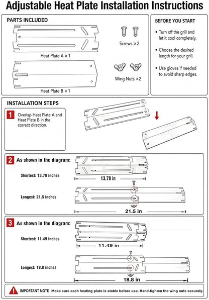 4-Pack Heavy-Duty Grill Heat Plate Replacements – Adjustable 11.5" to 21.5" Length, 3.25" Wide, Porcelain Steel Burner Covers, Heat Tents, Flavorizer Bars, and Flame Tamers for Gas Grills