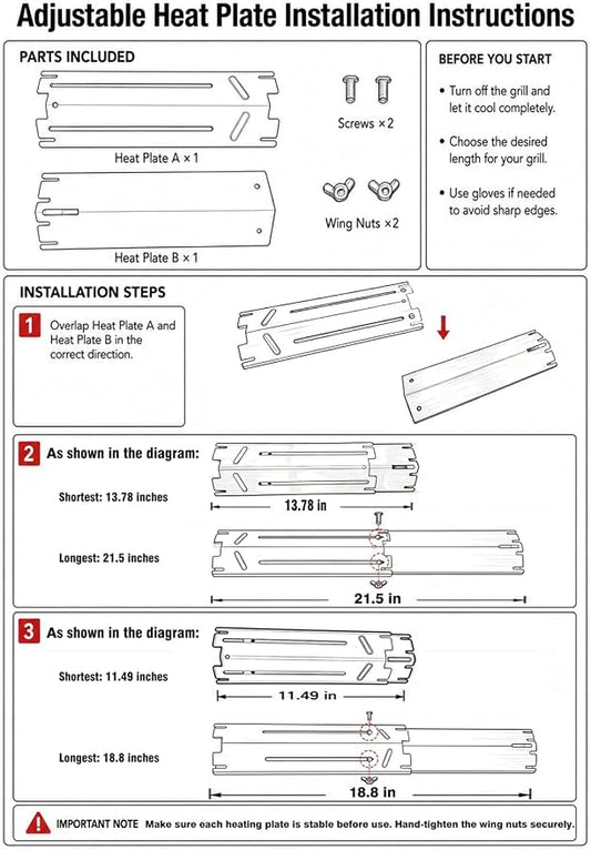 4-Pack Heavy-Duty Grill Heat Plate Replacements – Adjustable 11.5" to 21.5" Length, 3.25" Wide, Porcelain Steel Burner Covers, Heat Tents, Flavorizer Bars, and Flame Tamers for Gas Grills