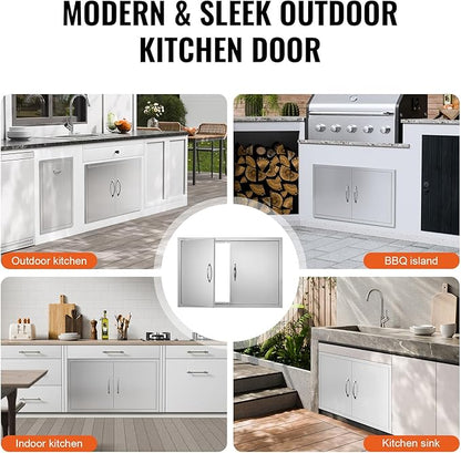 VEVOR BBQ Access Door, 36W x 21H Inch Double Outdoor Kitchen Door, Stainless Steel Flush Mount Door, Wall Vertical Door with Handles, for BBQ Island, Grilling Station, Outside Cabinet, Silver