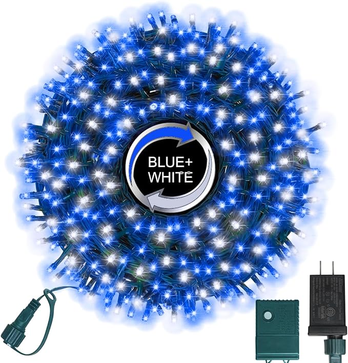 500 LED Blue White String Lights, 46ft 16 Modes Plug in Twinkle Fairy Lights, Waterproof Blue LED Christmas Lights Outdoor for Christmas Tree Bedroom Party Wedding Decor