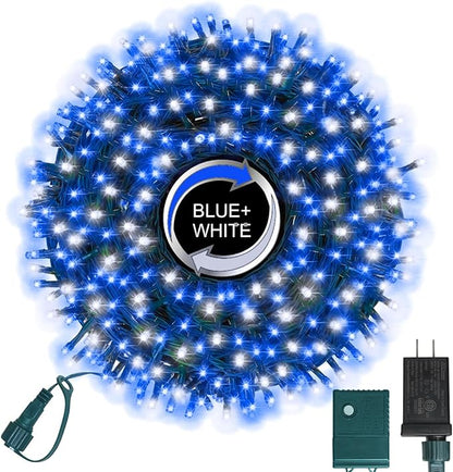 500 LED Blue White String Lights, 46ft 16 Modes Plug in Twinkle Fairy Lights, Waterproof Blue LED Christmas Lights Outdoor for Christmas Tree Bedroom Party Wedding Decor