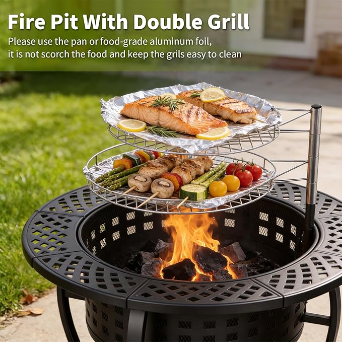 FDW 36 Inch Fire Pit with 2 Adjustable Grills,Wood Burning Fire Pits for Outside with Lid & Fire Poker, BBQ& Outdoor Firepit & Round Metal Table 3 in 1 for Patio, Picnic, Party