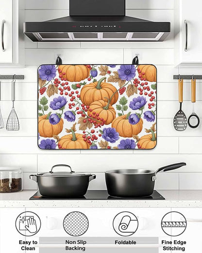 Orange Pumpkin Fall Stove Top Cover for Electric Stove, Thanksgiving Purple Floral Farmhouse Heat-proof & Non Slip Glass Top Stove Cover Protector, Kitchen Flat Cooktop Rubber Mat 36x21 Inches