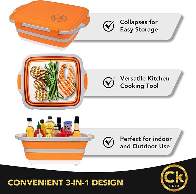 Collapsible BBQ Prep Tub - Includes Cutting Board, LOCKING Lid & Strong Drain Hole for Meal Prep & Marinating | BPA-Free, Food-Grade BBQ & Meat Prep Tubs, Best Grilling Gifts (Orange, 8 L)