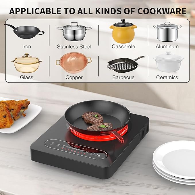 GIHETKUT Single Burner Electric Cooktop,110V 1800W Electric Stove Top with LED Touch Control,10 Power Levels, Timer, Safety Lock,Portable cooktop
