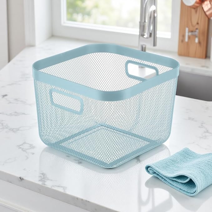 AJIODA Metal Mesh Steel Baskets, Household Wire Storage Organizer Bin Garden Harvest Basket Multi-functional Fruit Baskets with Handles for Kitchen Bathroom Picnic Shopping Decor Cabinet Home, Blue
