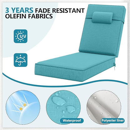 80 x 26 x 4 Inch Olefin Chaise Lounge Cushions, Lounge Chair Cushions with Headrest for Outdoor Furniture - Weather and Fade Resistant Patio Replacement Furniture Lounge Chair Cushion Set of 2