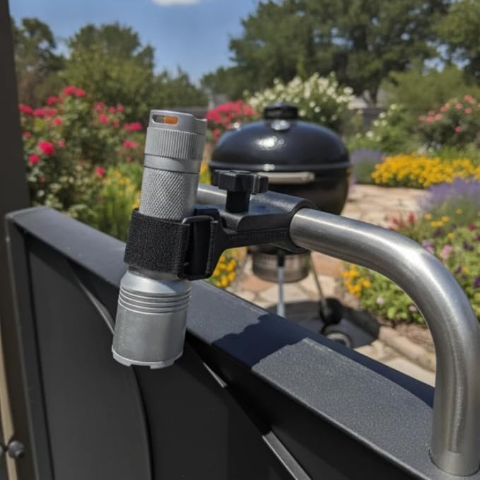 Flashlight Mount for Grill Handle, BBQ Flashlight Holder for 1 Inch Thick Lid Handle, Adjustable Hook and Loop Strap