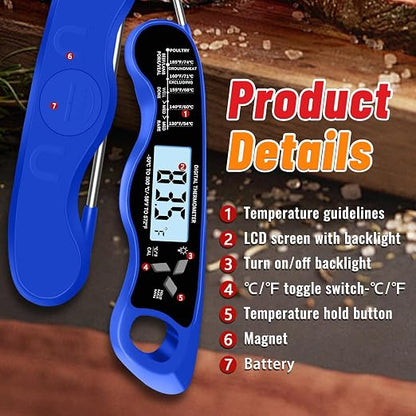 Meat Thermometer Digital, IP67 Waterproof Food Thermometer for Cooking | Backlight, Hold Function, Magnet, IP67 Waterproof, LED screen, for Kitchen, Grill, BBQ, Beef, Candy, Turkey