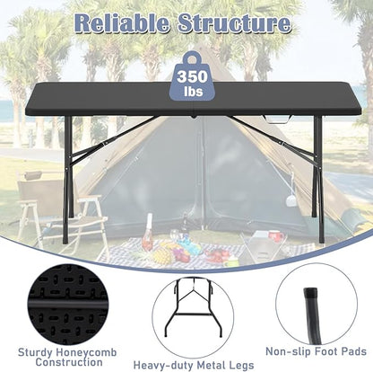 Tangkula 6 FT Folding Table, Indoor Outdoor Foldable Plastic Table with HDPE Tabletop, Sturdy Metal Fame, Carrying Handle, Heavy Duty Portable Fold-in-Half Picnic Table for Camping BBQ Party