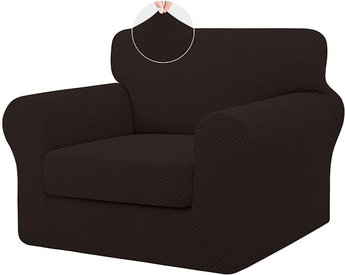 ISSUNTEX 2 Pieces High Stretch Thicken Chair Couch Covers, Soft Sofa Slipcover for 1 Separate Cushion Couch, Jacquard Fabric Elastic Sofa Cover Furniture Protector for Dogs (Chair, Chocolate)