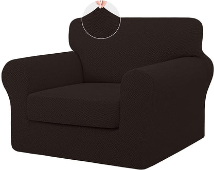 ISSUNTEX 2 Pieces High Stretch Thicken Chair Couch Covers, Soft Sofa Slipcover for 1 Separate Cushion Couch, Jacquard Fabric Elastic Sofa Cover Furniture Protector for Dogs (Chair, Chocolate)