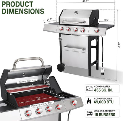 Gas and Charcoal Grill Combo with Side Burner, 4-Burner Propane Grill and Griddle Combo with Porcelain-Enameled Cast Iron Grates & Double-Wall Insulated Lid, 49,000 BTU Outdoor BBQ Grill
