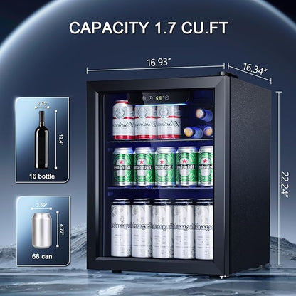 Antarctic Star Beverage Refrigerator Cooler-68 Can 16 Bottle Mini Fridge for Soda Beer Wine Champagne,Glass Door, Drink Dispenser, Knob Control,for Home and Bar,1.7Cu.Ft,Black