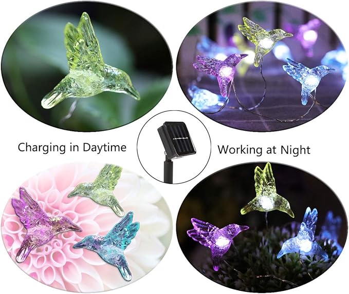 WSgift Solar Hummingbird String Lights, 15.8 Ft 30 Warm White LED Outdoor Waterproof Bird Fairy String Lights for Garden Yard Outdoor Decorations