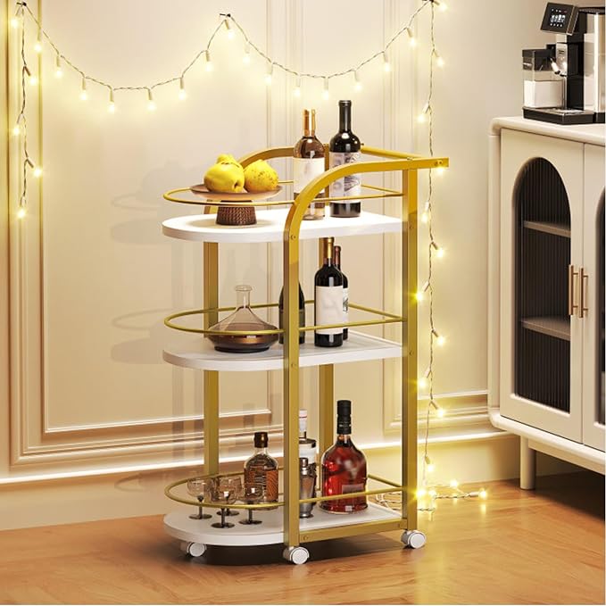 3-Tier Bar Cart, Home Bar Serving Cart with Fence and Wheels, for Dining Room, Living Room, Garden, Party, White and Gold BC06DW