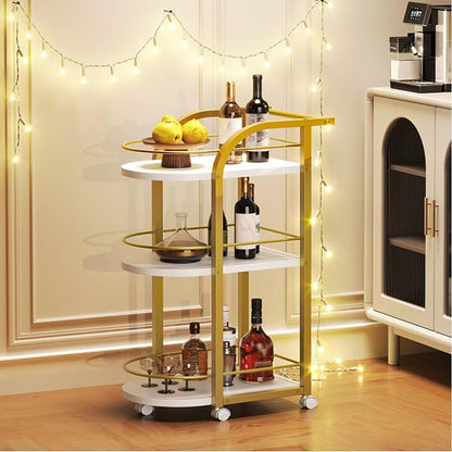 3-Tier Bar Cart, Home Bar Serving Cart with Fence and Wheels, for Dining Room, Living Room, Garden, Party, White and Gold BC06DW
