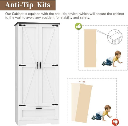 Shintenchi Kitchen Pantry Cabinet, Freestanding Farmhouse Storage Cabinet with 4 Shelves and 1 Drawer, Tall Cupboard for Kitchen, Living Room, Dining Room and Bathroom, White