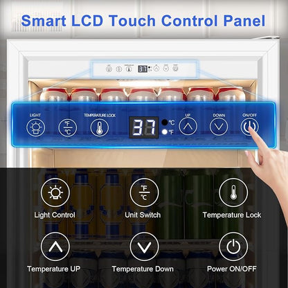 FoMup 24" Undercounter Beverage Refrigerator with Glass Door, 200-Can | Reversible door for flexible installation, Digital temperature control, safety lock, White finish, LED light