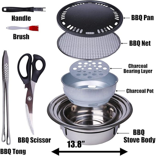 Portable Korean Style Stainless-Steel Barbecue Grill, Charcoal BBQ Round Grill Stove for Outdoor Camping, Picnicking & Parties 1~4 People, 13.8" DIA
