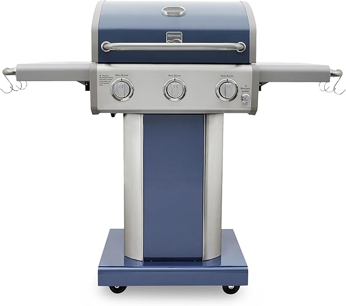 Kenmore 3-Burner Propane BBQ Grill, 30,000 BTUs Gas Grill with Cast Iron Cooking Grates, Folding Side Tables & Wheels, Outdoor Grill with Tool Hooks, Azure Blue