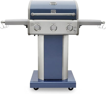 Kenmore 3-Burner Propane BBQ Grill, 30,000 BTUs Gas Grill with Cast Iron Cooking Grates, Folding Side Tables & Wheels, Outdoor Grill with Tool Hooks, Azure Blue