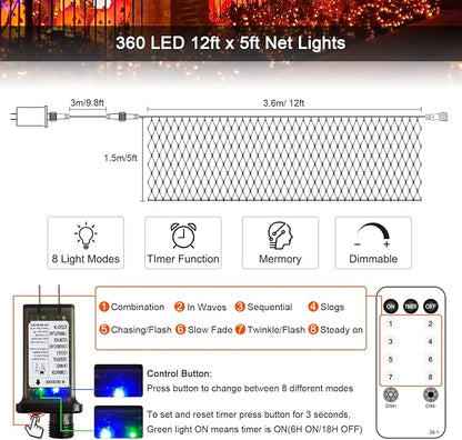 JMEXSUSS 360 LED Halloween Net Lights, Orange, 12ft x 5ft | Outdoor Waterproof, Connectable, Plug in, Mesh Lights with Remote for Bushes Shrubs Christmas Halloween Decorations