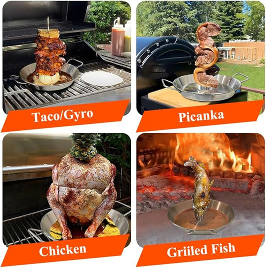 BBQ Vertical Skewer Pan Stainless Steel Gyro Spit Shawarma Stand for oven, Al Pastor Skewer for Grill, El Pastor Hack for Tacos Al Pastor Chicken, Brazilian, with 8",10" stick