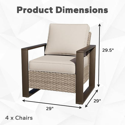 Joyside Outdoor Patio Chairs Set, 4 Pieces Wicker Rattan Chairs with Metal Wide Armrest, Thick Cushions and Deep Seating for Garden, Backyard, Porch, Deck