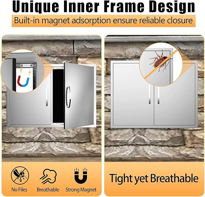 Outdoor Kitchen Doors 30W x 21H Inch, Double BBQ Access Doors 304 Stainless Steel for Outdoor Kitchen Cabinet Grill Station or BBQ Island