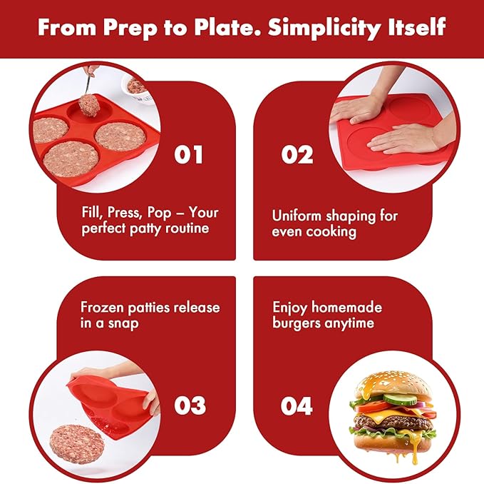 Silicone Burger Patty Maker & Freezer Tray, Grilling Cookware 4-Cavity Mold with Airtight Lid, Make 4 Perfect 4.7-Inch Patties at Once for Easy BBQ Prep & Freezer Storage