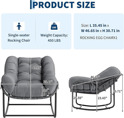 Patio Rocking Chair Set,Indoor Outdoor Rocking Chair,Papasan Chairs with Cushion,Wicker Egg Rockers, Lounge Chair for Patio, Living Room, Bedroom, or Porch,Gray