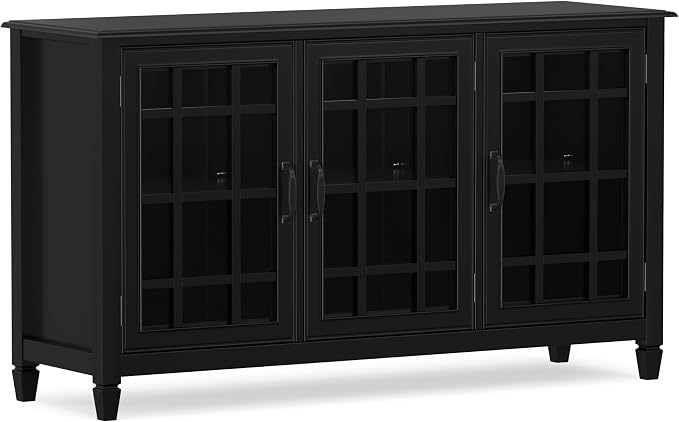 SIMPLIHOME Connaught 60" Wide Solid Wood Buffet Cabinet in Black | Traditional sideboard with glass doors, adjustable shelves and notched legs for the dining room, entryway or living room.