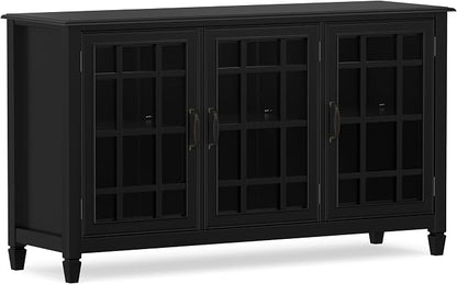 SIMPLIHOME Connaught 60" Wide Solid Wood Buffet Cabinet in Black | Traditional sideboard with glass doors, adjustable shelves and notched legs for the dining room, entryway or living room.