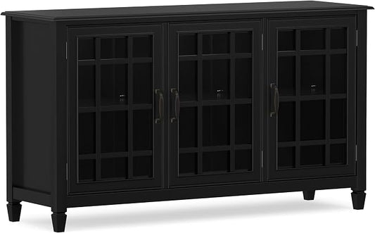 SIMPLIHOME Connaught 60" Wide Solid Wood Buffet Cabinet in Black | Traditional sideboard with glass doors, adjustable shelves and notched legs for the dining room, entryway or living room.