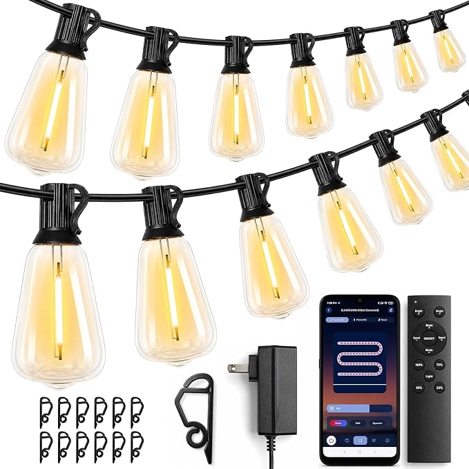 ST38 Outdoor String Lights 65FT, App and Remote, 24V Warm White | 30 ST38 LED bulbs + 1 spare, app and remote control, music sync, dimmable 2700K glow, 30 clips, rain-resistant design