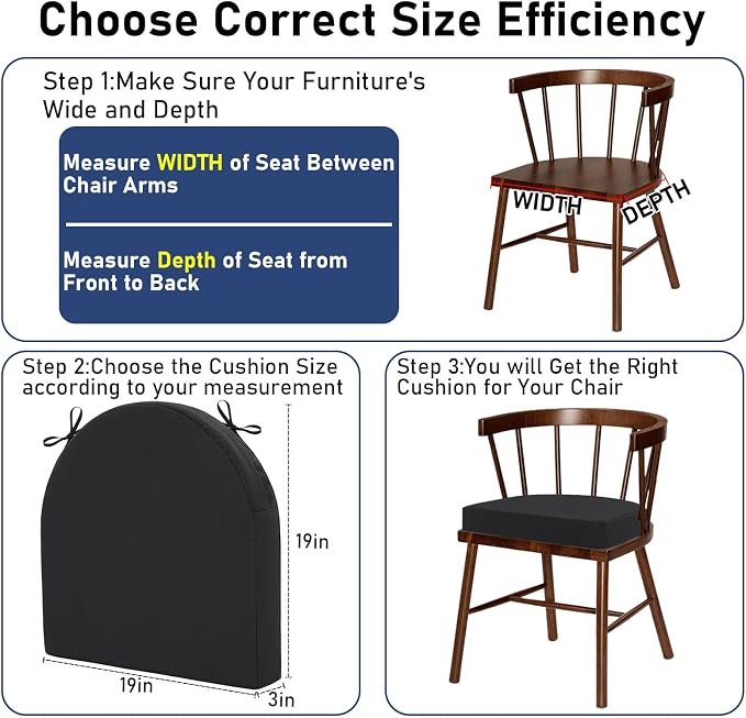 Topotdor Outdoor Chair Cushions Set of 2, 19"x19"x3" Waterproof Patio Chair Cushions for Outdoor Furniture, Round Corner Outdoor Seat Cushions Color Fastness Chair Pads with Ties, Black