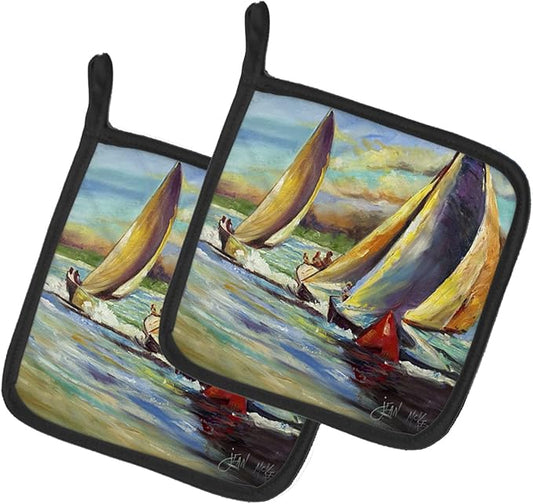 Caroline's Treasures JMK1236PTHD Knost Reggata Sailboats Pair of Pot Holders Kitchen Heat Resistant Pot Holders Sets Oven Hot Pads for Cooking Baking BBQ, 7 1/2 x 7 1/2